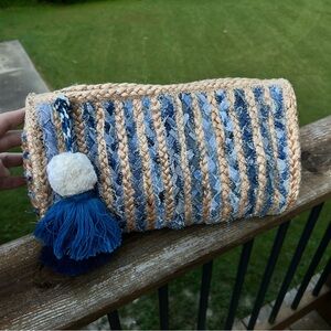 Antik Kraft Blue Denim And Straw Tassel Clutch bohemian